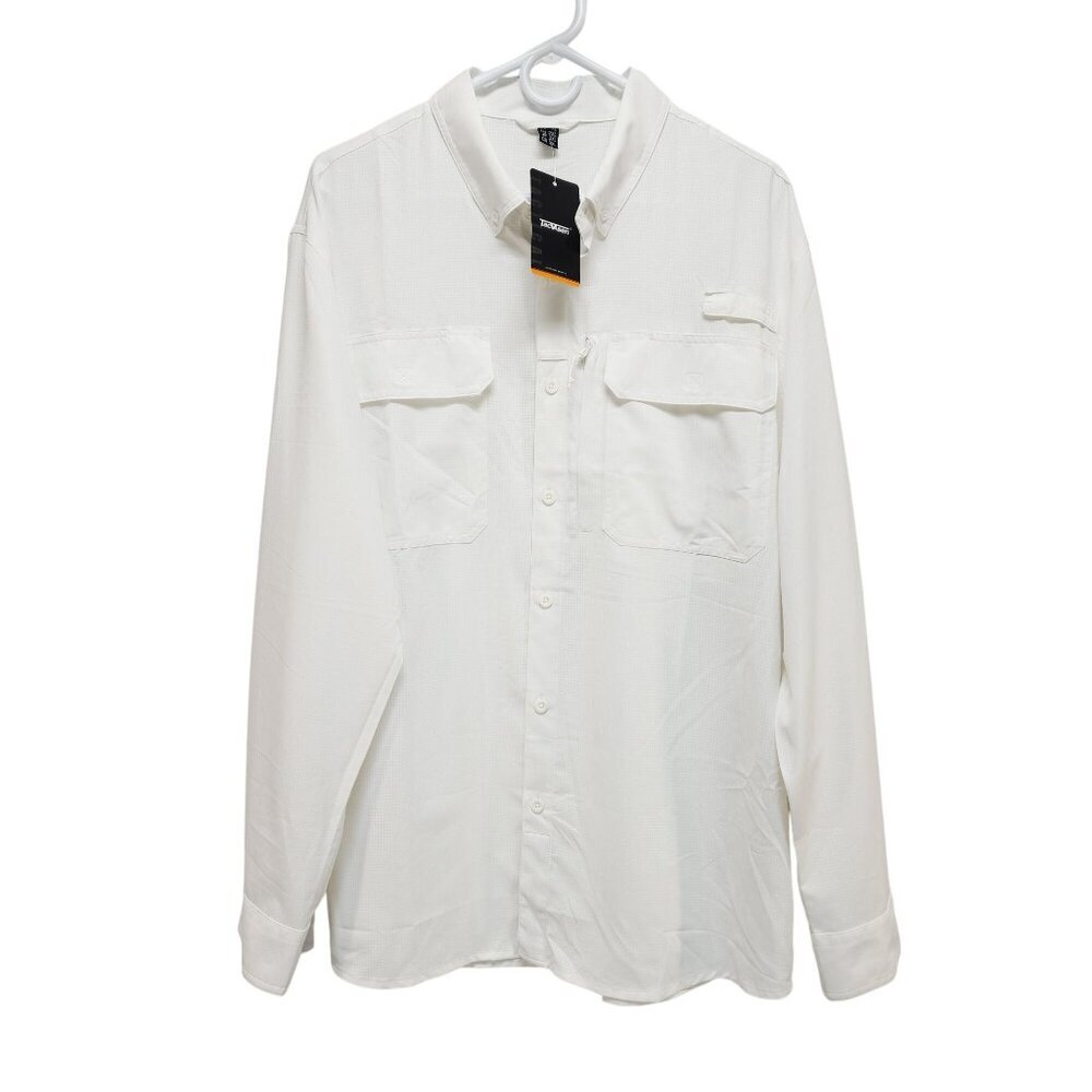 Mens White Long-Sleeve Button-Up Shirt Chest Pockets Tacvasen SZ XL Lightweight